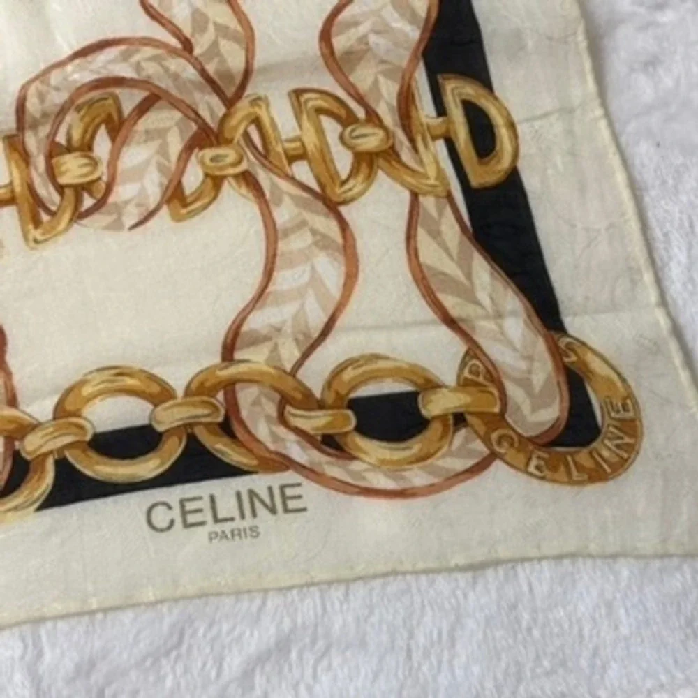 Vtg CELINE Scarf Handkerchief Chain Link Ribbon Cream Gold Black 20